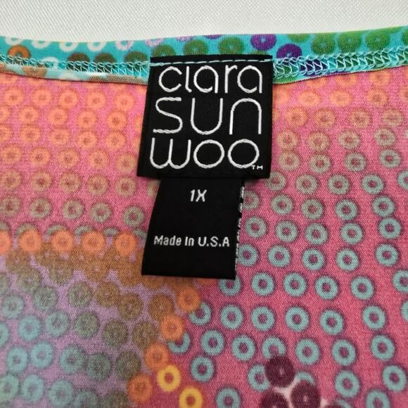 Clara Sun Woo Mosaic Petal Coral Multicolor High Low Tunic Ruffle Tie Sleeves 1X - Picture 6 of 13
